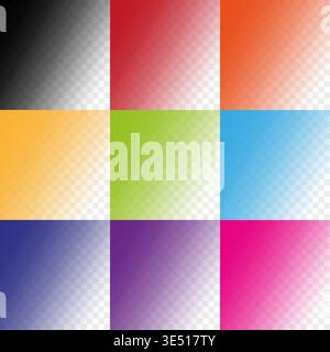 Colorful gradient set. Transparency grid patterns. Nine vector squares. Vibrant color variety. Manual vector only. No autotrace used. Stock Vector