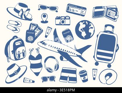 Travel icon set with airplane, passport, suitcase and summer accessories in flat style. Ideal for tourism design, vacation concept, sticker, poster Stock Vector