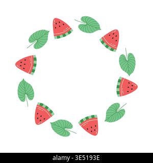 Watermelon wreath flat hand-drawn vector fruit circular border summer menu card decoration Stock Vector
