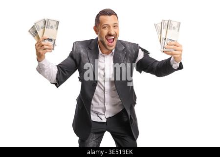 Businessman in torn clothes holding cash and shouting with joy isolated on white background Stock Photo
