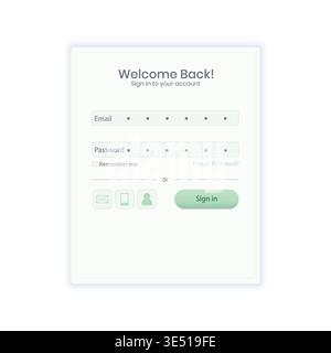 Modern soft UI login screen featuring green color palette, rounded input fields, and social sign-in options. Suitable for mobile apps, fintech, SaaS d Stock Vector