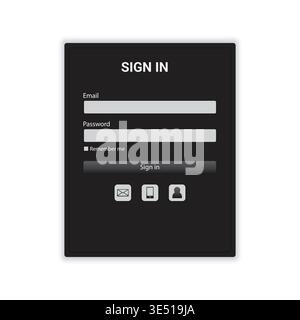Modern dark-themed login screen UI design featuring clean email and password input fields, minimal layout, and sleek black interface. Suitable for mob Stock Vector