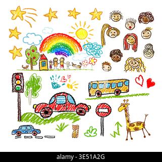 Children's drawings drawn with colored pencils . Hand drawn. Not AI, vector illustration. Stock Vector