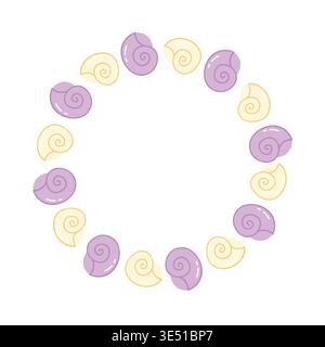 Seashell frame vector - cute cartoon pastel colored circular border on white background - nautical seashell wreath - for baby shower and summer card Stock Vector