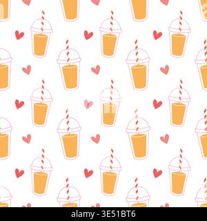 Orange juice seamless pattern cute cartoon style with hearts refreshing drink background for textile and wrapping paper design Stock Vector