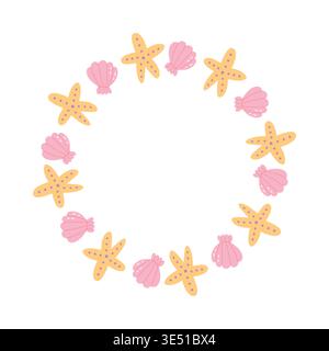 Seashell and starfish frame cute cartoon style with pastel colors nautical circular wreath for baby shower and summer design Stock Vector