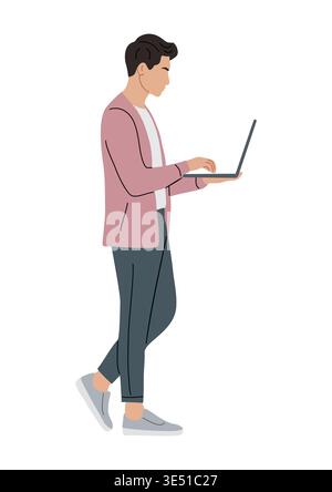 Young business man walks while using laptop Stock Vector