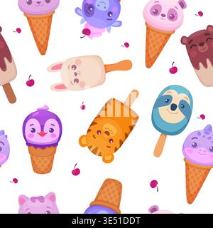 Ice cream animals. frozen cartoon heads of different cute animals. vector seamless pattern Stock Vector