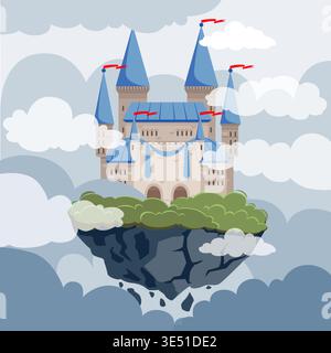 Castle in clouds. dark fantasy background with fairy tale castle on flying island Stock Vector