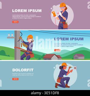 Electrician girls. horizontal banners template with female characters making electricity works Stock Vector