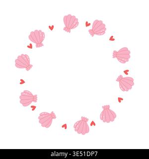 Pink shell frame vector cute cartoon style with heart nautical circular wreath for baby shower and feminine card design Stock Vector