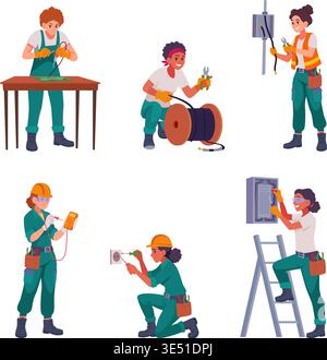 Female electricians. Different equipment for electricians worker exact vector female professional characters Stock Vector