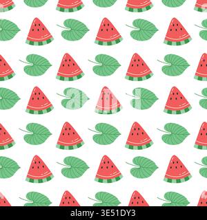 Watermelon slice and leaf seamless pattern cute cartoon tropical style fruit foliage background for summer textile and wrapping paper design Stock Vector