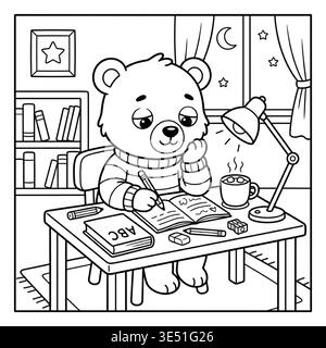 Cute Bear Studying at Desk on a Cozy Night Stock Vector