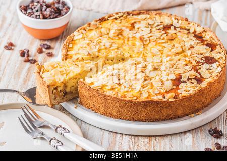 Rhubarb cake, pie, on a white wooden background Stock Photo