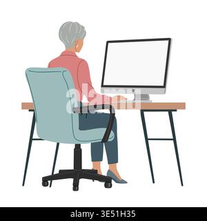 Woman sits at desk, focused on computer screen Stock Vector