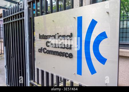 Sign at the entrance to the headquarters of the International Chamber of Commerce (ICC), an organization globally representing thousands of businesses Stock Photo