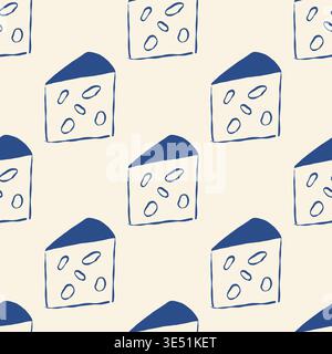 Simple pattern of cheese slices with holes on cream background. Blue outlines add contrast and charm. Ideal for food, kitchen, or culinary themed desi Stock Vector