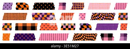 Cute Vector Washi Tape Pieces, Torn Masking Tape for Fall, Halloween Designs with Check, dots and Stripe Patterns Stock Vector