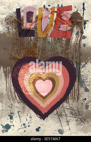 Grunge graffiti vector distressed poster with textured hear on half tone background with sprayed paint with splatters and stains Stock Vector