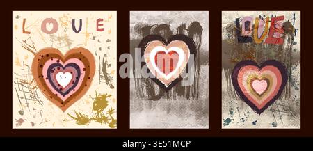 Vector set with abstract hand painted boho hearts cards, posters, banners with half tone texture and brush paint Stock Vector