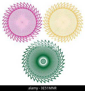Radial pattern set. Geometric Vector shapes. Star mandala symbols. Bright ornament. Manual vector only. No autotrace used. EPS 10. Stock Vector