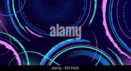 Abstract round halftone shapes on dark blue background. Vector realistic illustration of geometric pattern with neon color circular distressed lines and gradient dots, modern vibrant banner design Stock Vector