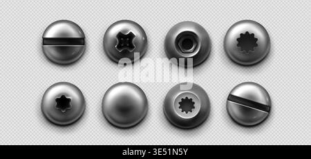 Metal screws and bolts with different head types, realistic vector illustration top view. 3d steel hardware elements, nuts and rivets with silver polish effect isolated on transparent background Stock Vector