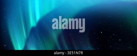 Aurora borealis lights in northern starry sky with vibrant green blue gradient realistic vector background. Magical polar night atmosphere, abstract winter arctic bg with neon light Stock Vector