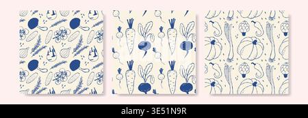 Three square panels show blue botanical patterns on cream background. Designs include stylized flowers, leaves, and abstract shapes. Patterns repeat s Stock Vector