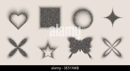 Grainy gradient shapes, flower and butterfly, circle and heart in Y2K retro style, vector illustration set. Noisy halftone patterns, pixelated dots, and abstract floral and geometric icons Stock Vector