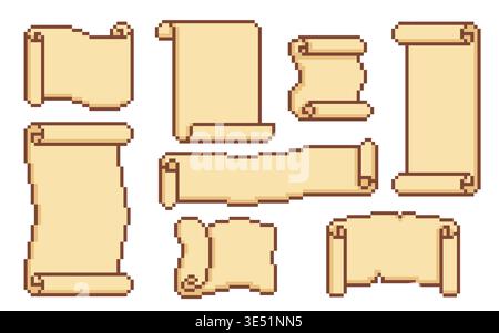 Pixel art game scrolls, vintage parchment texture frames and decorative borders, cartoon vector isolated on white. Treasure maps templates, medieval banners, or retro video game UI design elements Stock Vector