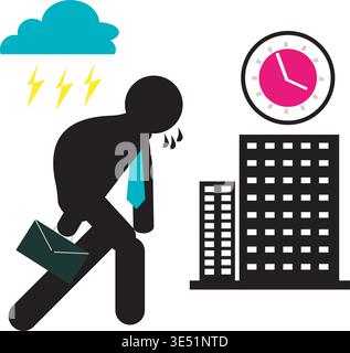 Office worker running with briefcase in bad weather showing deadline pressure and anxiety Stock Vector