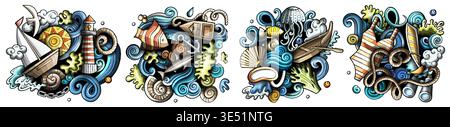 Marine cartoon vector doodle designs set. Stock Vector
