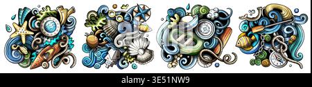 Marine cartoon vector doodle designs set. Stock Vector