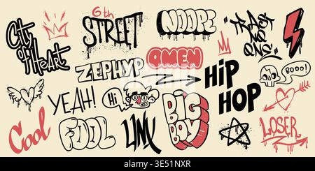 Street art doodles with rap music symbols, city graffiti tags, and