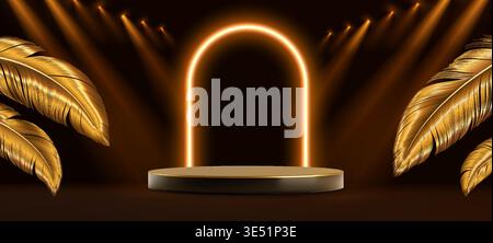 Elegant black golden podium with gold ring, glowing arch and tropical leaves on dark background. Realistic vector bg for luxury award ceremony, round stage or stand for cosmetic product presentation Stock Vector