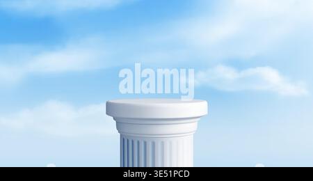 White marble coumn podium, blue sky with clouds realistic vector background. Ancient roman or greek pillar, stand or museum pedestal, product presentation or exhibition, stone platform on nature bg Stock Vector
