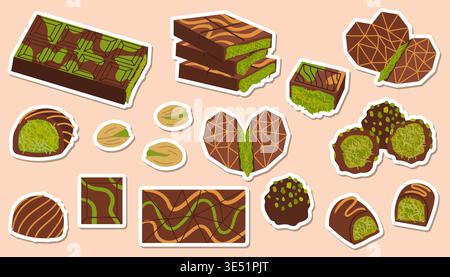 Dubai chocolate vector sticker set of bars and truffles with green pistachio knafeh filling. Flat cartoon icons of sweets and nuts on a peach backgrou Stock Vector