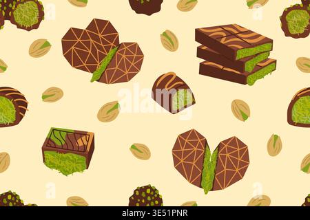 Seamless vector pattern of Dubai chocolate bars and truffles with green pistachio knafeh filling. Flat illustration of broken hearts and nuts on a cre Stock Vector