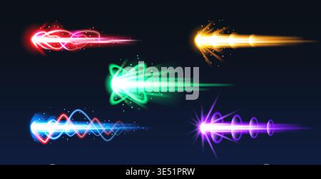 Cartoon fire blast effect with energy trails and glowing beams, isolated vector illustrations on black. Game gun effect UI design elements, comic style laser weapon with dynamic action, vibrant colors Stock Vector