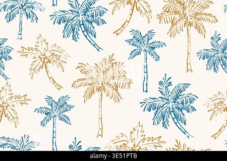 Hand drawn sketch seamless vector pattern with blue and gold palm trees on a light cream background. This tropical sketch design is ideal for summer a Stock Vector