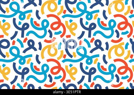 Seamless bold curved line pattern of colorful geometric swirls and squiggly shapes, confetti on a white background. Modern illustration with blue, red Stock Vector