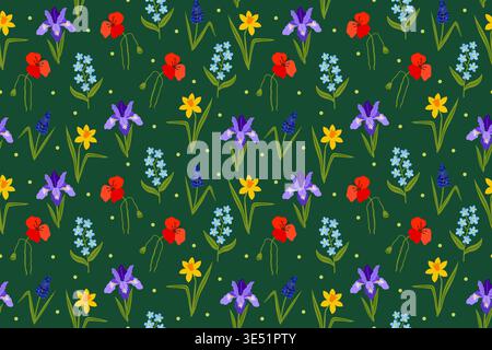 Seamless vector pattern of spring flowers including poppies, irises, and daffodils on a dark green background. Hand-drawn floral illustration for gard Stock Vector