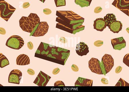 Seamless pattern of Dubai chocolate bars and truffles with green pistachio and knafeh filling. Flat vector illustration featuring broken chocolate hea Stock Vector