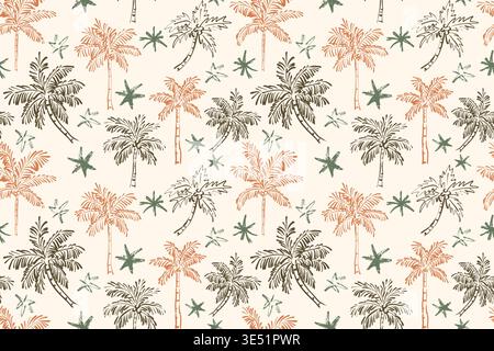 Seamless vector pattern of hand-drawn terracotta and dark green palm trees on a cream background. This tropical sketch design features crayon stars fo Stock Vector