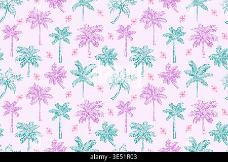 Seamless vector pattern of hand-drawn purple and teal palm trees on a light pink background. This tropical sketch design features stars for summer app Stock Vector