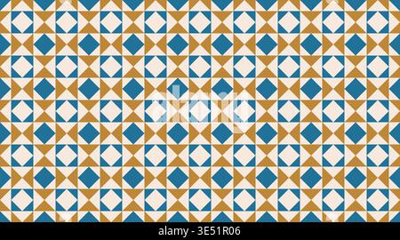 Bauhaus seamless geometric vector pattern featuring a mosaic of blue, gold, and beige triangles and diamonds. This modern architectural backdrop is id Stock Vector