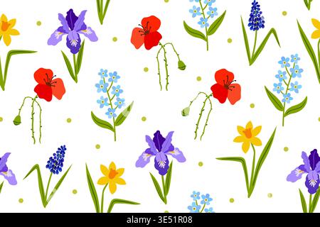 Seamless vector pattern of spring garden flowers including poppies, irises, daffodils, forget-me-nots and muscari. Hand-drawn floral illustration on a Stock Vector