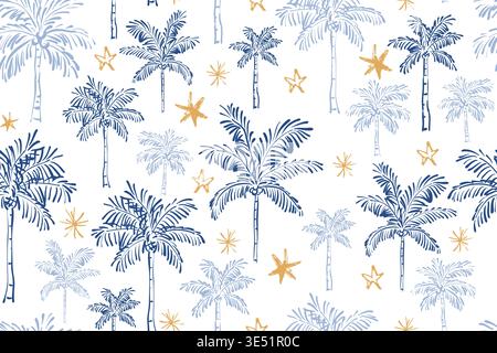 Seamless Mediterranean pattern of hand-drawn blue and gold palm trees and crayon stars on a white background. This tropical sketch design is perfect f Stock Vector